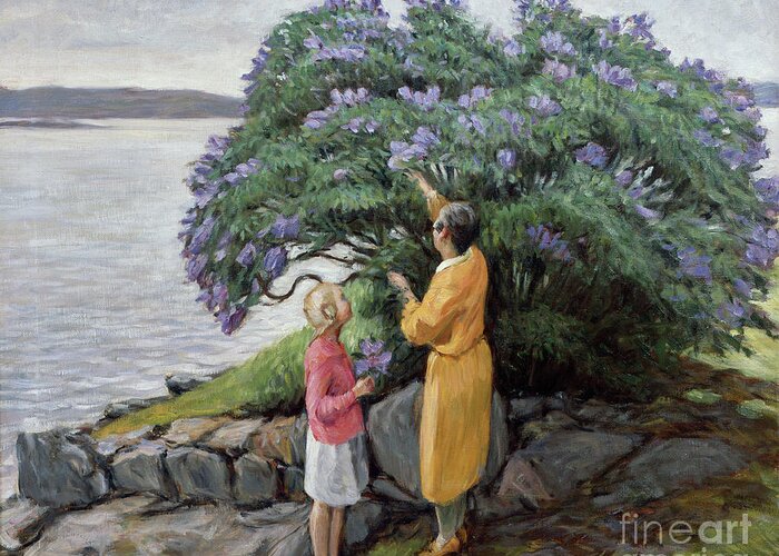 20th Century Greeting Card featuring the painting Woman And Child By The Lilac Bush, 1927 by Thorvald Torgersen
