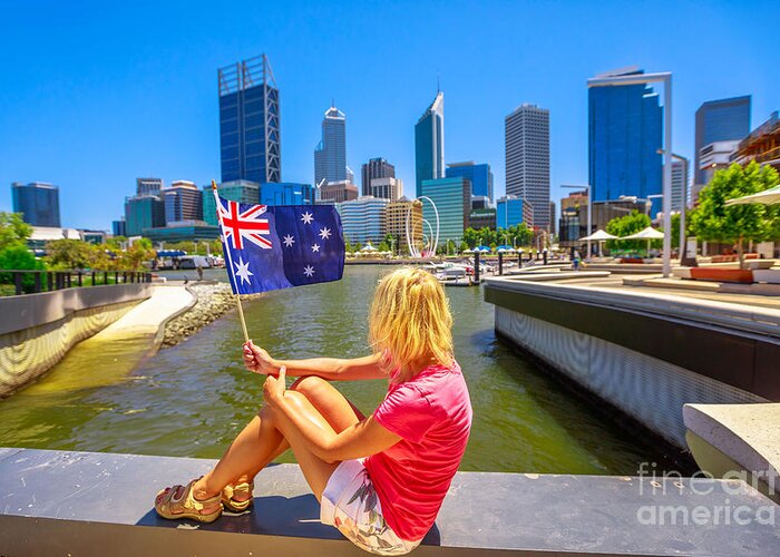 Perth Greeting Card featuring the photograph Woman at Elizabeth Quay Marina by Benny Marty