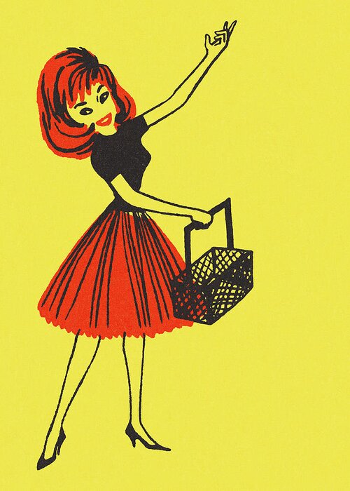 Adult Greeting Card featuring the drawing Woman Gesturing and Carrying a Basket by CSA Images