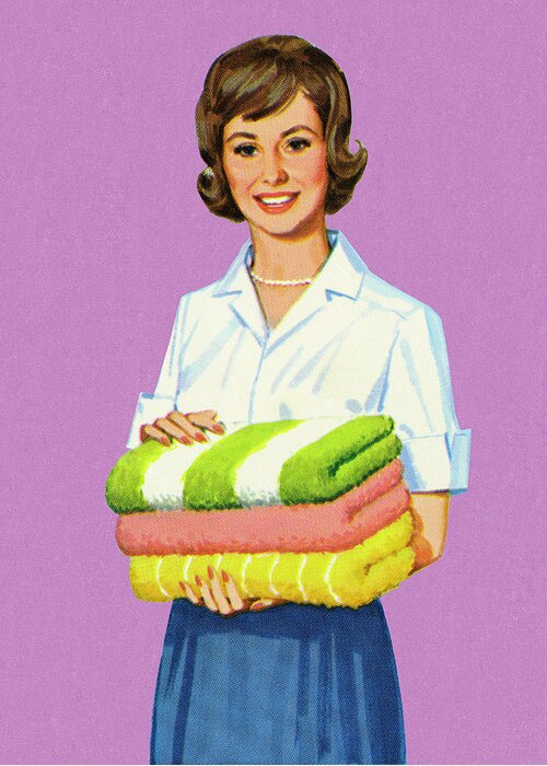 Adult Greeting Card featuring the drawing Woman Holding Folded Towels by CSA Images