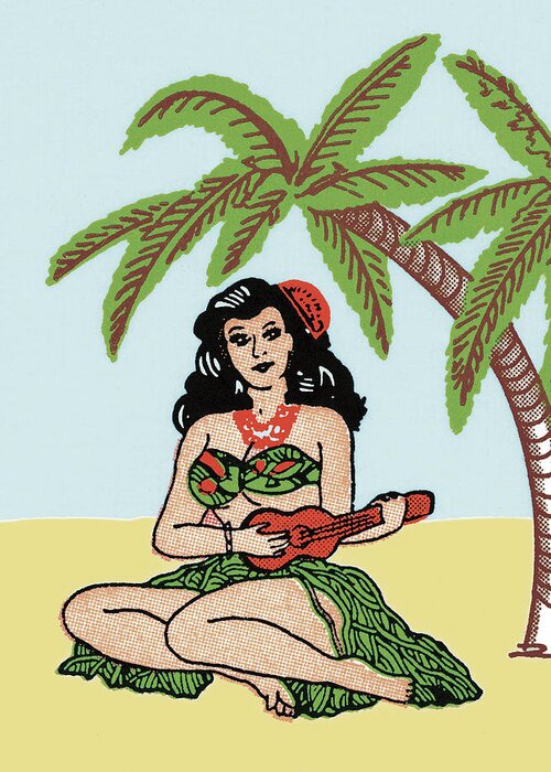 Adult Greeting Card featuring the drawing Woman in a Grass Skirt Sitting Under a Palm Tree by CSA Images