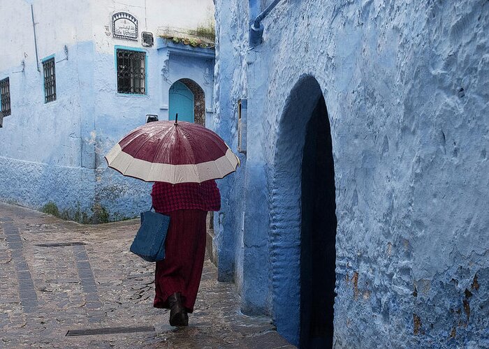 Chefchaouen Greeting Card featuring the photograph Woman with Blue Bag by Jessica Levant