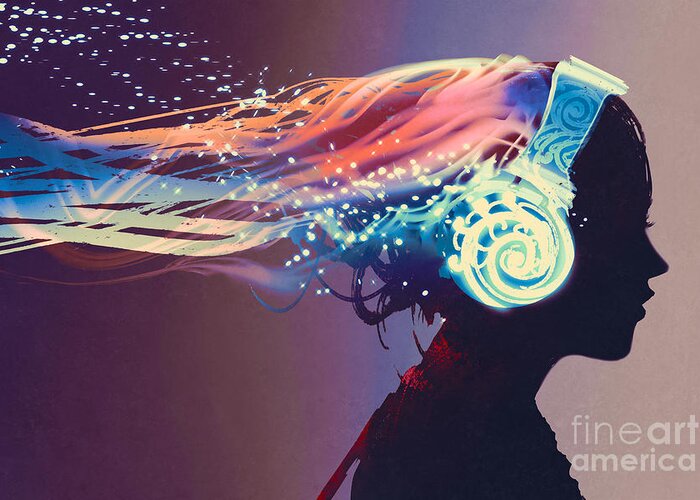 Magic Greeting Card featuring the digital art Woman With Magic Glowing Headphones by Tithi Luadthong