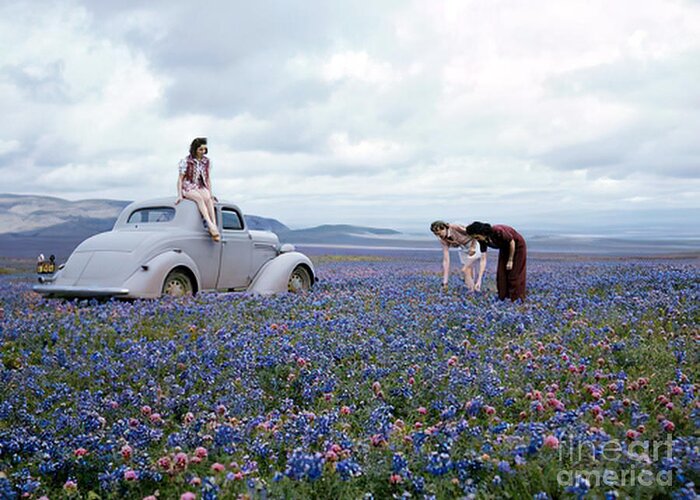 Vintage Greeting Card featuring the photograph Women Picking Daisies In Meadow With 1930s Vehicle by Retrographs