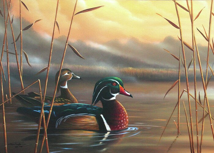 Wood Ducks Greeting Card featuring the painting Wood Ducks by Geno Peoples