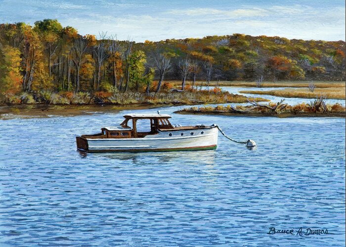 Small Wooden Boat In The Water Greeting Card featuring the painting Wooden Boat In Essex by Bruce Dumas