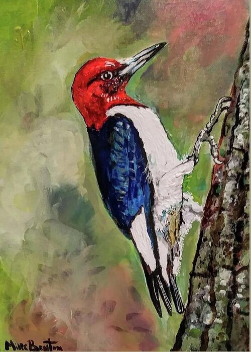 Bird Greeting Card featuring the painting Woodpecker by Mike Benton