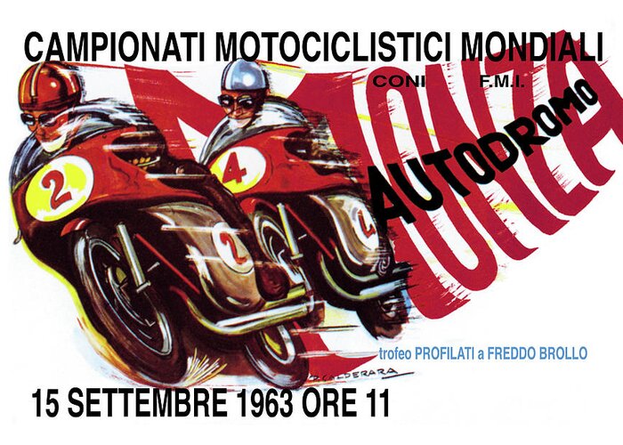 Motorcycle Greeting Card featuring the painting World Motorcycle Championship - 1963 by P. Calderara