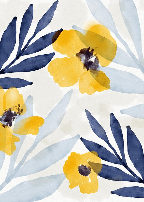 Flowers Greeting Card featuring the mixed media Yellow and Navy 1- Floral Art by Linda Woods by Linda Woods
