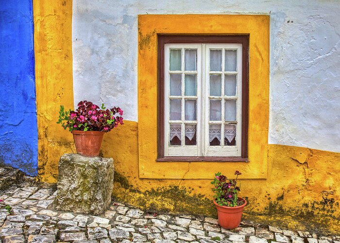 Window Greeting Card featuring the photograph Yellow Window of Obidos by David Letts