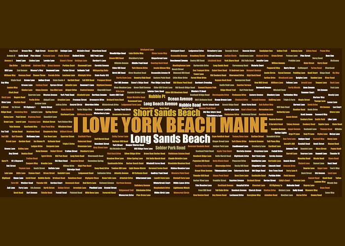 York Beach Maine Greeting Card featuring the digital art York Beach Maine Street Name Wordcloud Brown by David Smith