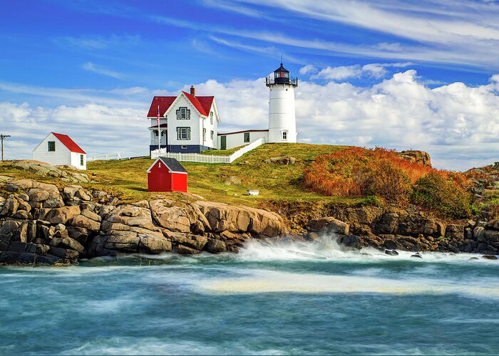America Greeting Card featuring the photograph York Maine's Nubble Lighthouse and Cape Neddick Seascape by Gregory Ballos