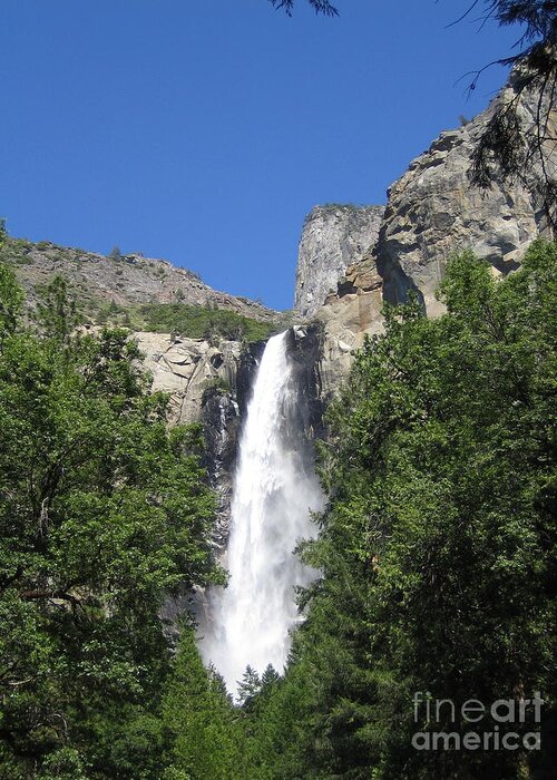Yosemite Greeting Card featuring the photograph Yosemite National Park Bridal Veil Falls Water Fall Blast on a Blue Sky Day by John Shiron