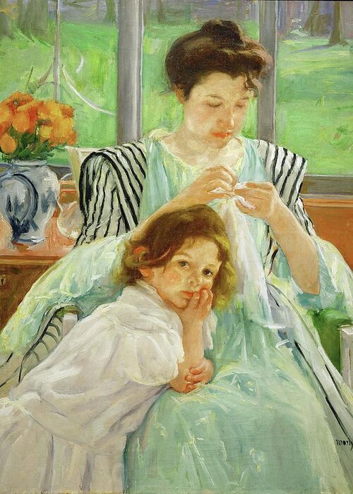 Mary Cassatt Greeting Card featuring the painting Young mother sewing, 1901 Canvas,92,4 x 73,7 cm. by Mary Cassatt -1844-1926-