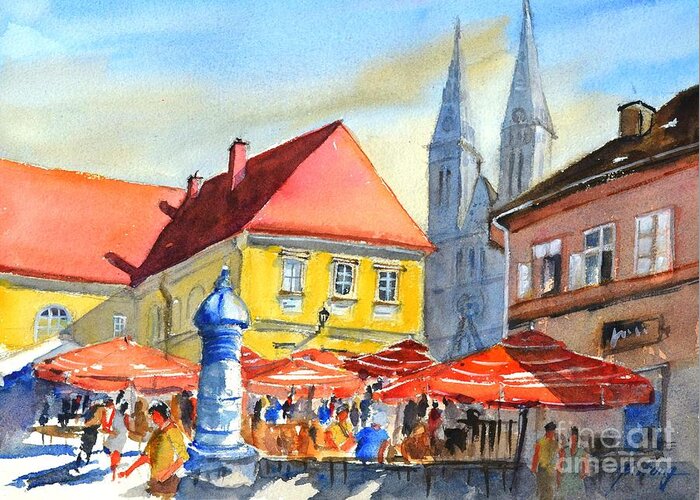 Zagreb Cathedral Greeting Card featuring the painting Zagreb near Dolce Market by Betty M M Wong