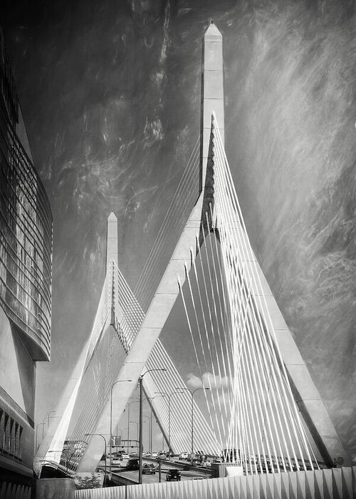 Boston Greeting Card featuring the photograph Zakim Bridge Boston Massachusetts Black and White by Carol Japp