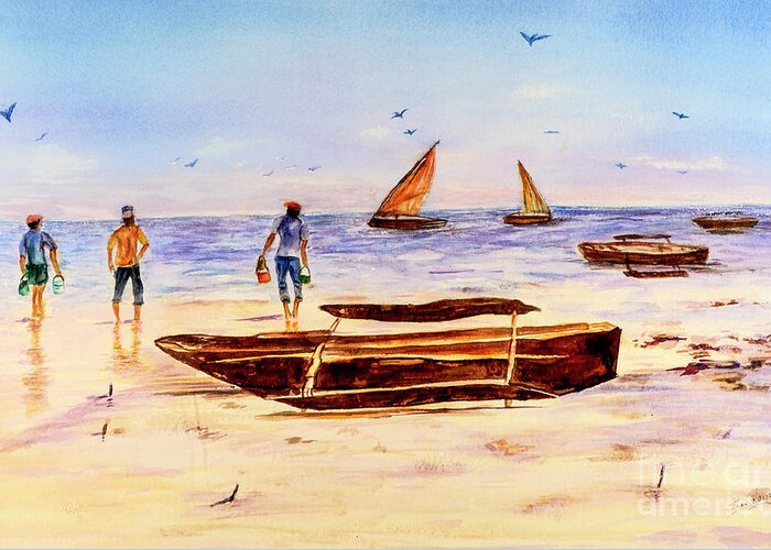 Beach Greeting Card featuring the painting Zanzibar Forzani beach by Sher Nasser