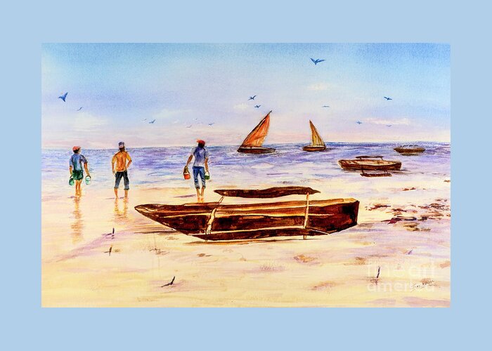 Beach Greeting Card featuring the painting Zanzibar Forzani beach by Sher Nasser