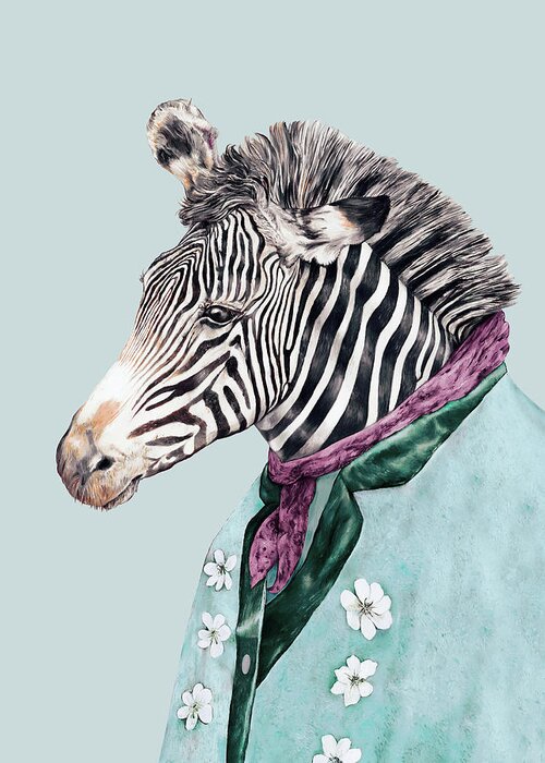 Boho Greeting Card featuring the painting Zebra Blue by Animal Crew