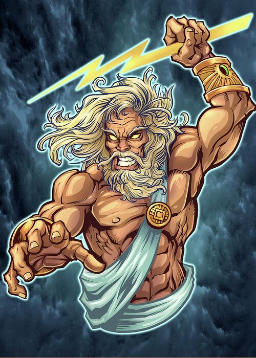 Zeus Full Color Greeting Card featuring the digital art Zeus Full Color by Flyland Designs