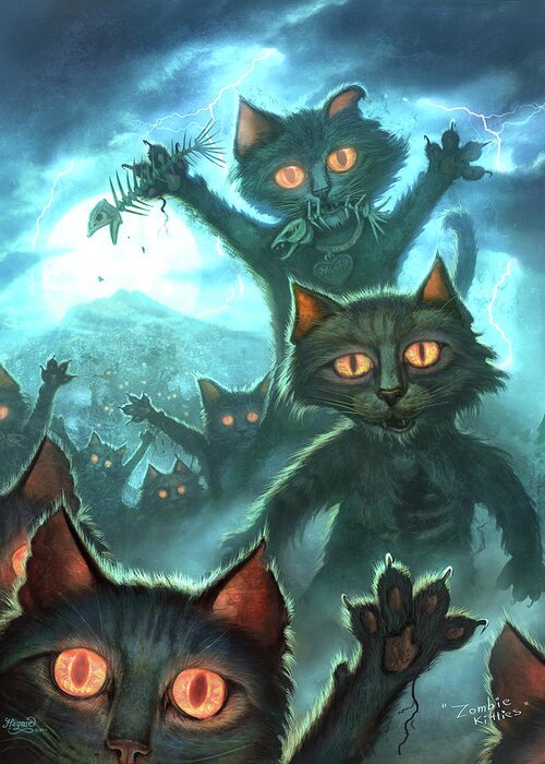 Cat Greeting Card featuring the painting Zombie Cats by Jeff Haynie