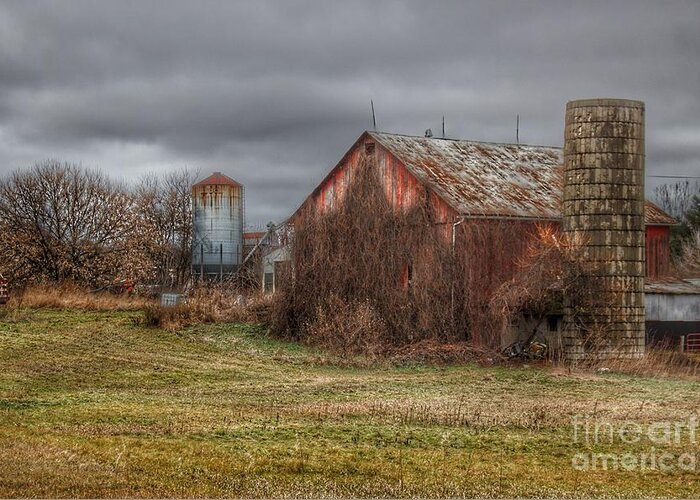 Barn Greeting Card featuring the photograph 0796 - Slattery Road's Old Red and Silo II by Sheryl L Sutter