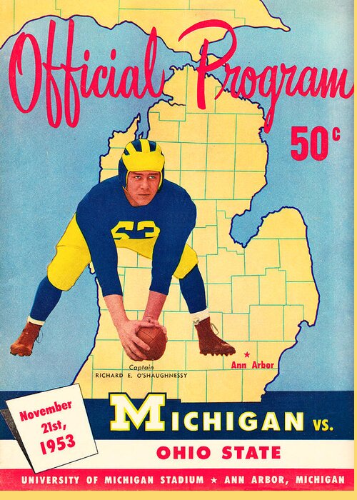 Vintage Football Program Cover Art Greeting Card featuring the mixed media 1953 Ohio State vs. Michigan by Row One Brand