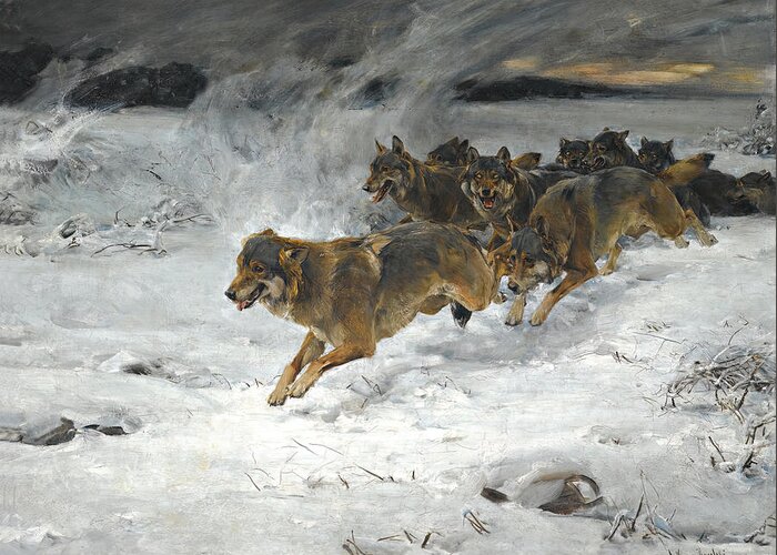 Wolf Greeting Card featuring the painting A Pack Of Wolves #2 by Alfred Wierusz Kowalski