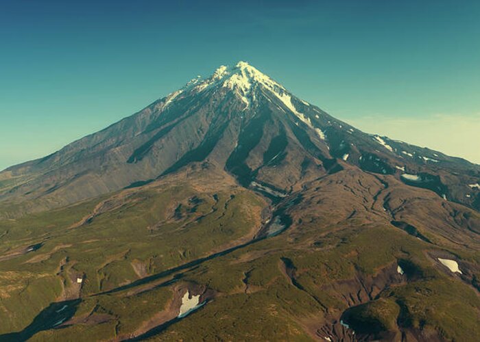 Volcano Greeting Card featuring the photograph Aerial panorama of Koryaksky volcano #1 by Mikhail Kokhanchikov