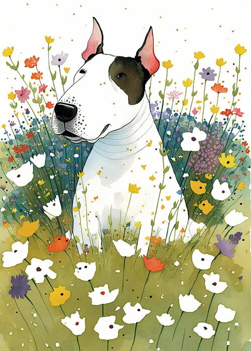 American Bulldog Greeting Card featuring the digital art American Bull dog in flower field #1 by Debbie Brown