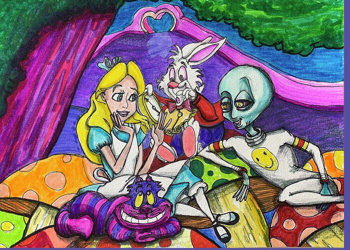 Alice In Wonderland Greeting Card featuring the drawing An Alien in Wonderland #1 by Similar Alien