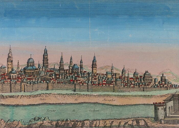 Jerusalem Greeting Card featuring the drawing Antique Map of Jerusalem #1 by Vintage Maps