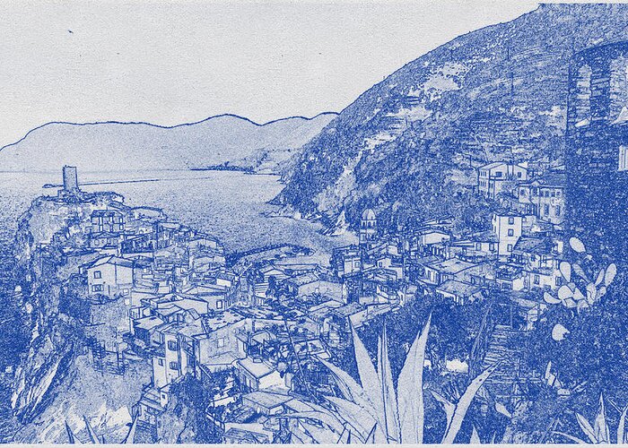 Oil On Canvas Greeting Card featuring the digital art Blueprint drawing of Cinque Terre 4 #1 by Celestial Images