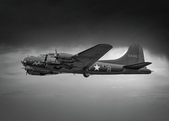 Usa Greeting Card featuring the photograph Boeing B-17 Flying Fortress, World War 2 Bomber Aircraft Black and White #1 by Rick Deacon
