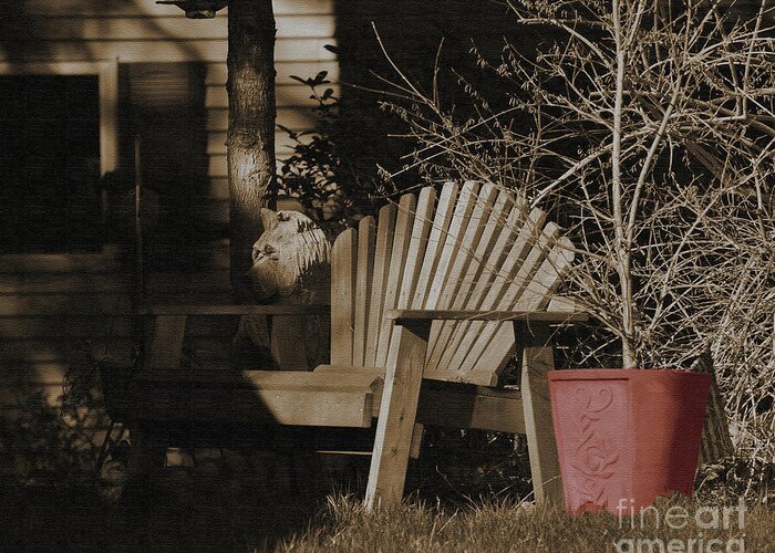 Adirondack-chair Greeting Card featuring the photograph Outdoor Chair By The Red Pot by Kirt Tisdale