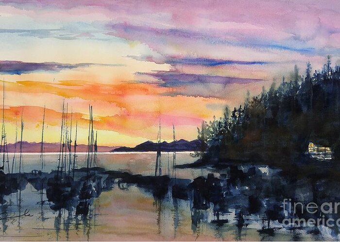 Boats Greeting Card featuring the painting Eagle Ridge Sunset #1 by Sonia Mocnik