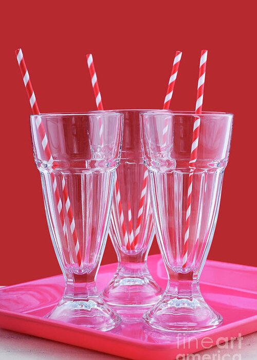 Background Greeting Card featuring the photograph Empty soda pop glasses with straws. #1 by Milleflore Images