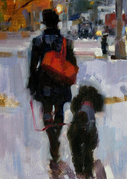 Woman Walking Dog Greeting Card featuring the painting Evening Walk #1 by Merle Keller