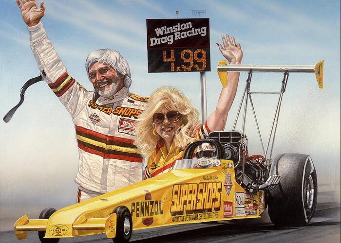 Nhra Funny Car Hell Fire Nitro Top Fuel Dragster Kenny Youngblood John Force Greeting Card featuring the painting First in the Fours #1 by Kenny Youngblood