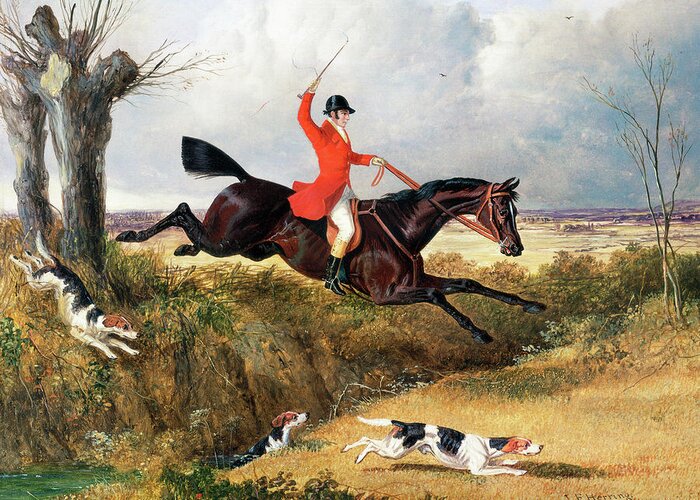 Animals Greeting Card featuring the painting Foxhunting, Clearing a Ditch #1 by John Frederick Herring