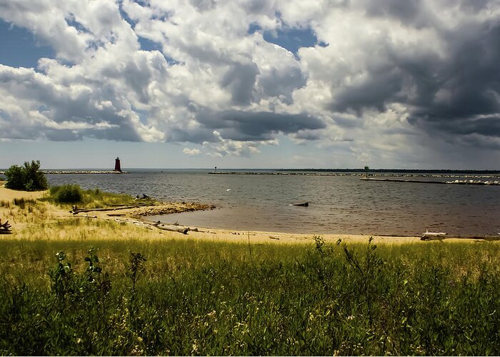 Manistique East Breakwater Light Greeting Card featuring the photograph Further to the West #1 by Deb Beausoleil