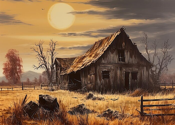Old Barn Greeting Card featuring the digital art Golden Moon Over the Countryside #1 by Lourry Legarde