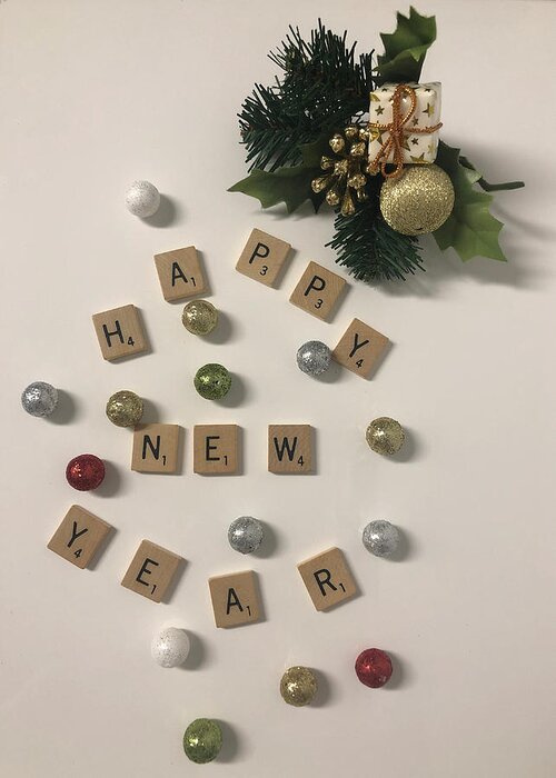 Scrabble Tiles Spell Out A New Year's Greeting Greeting Card featuring the mixed media Happy New Year by Moira Law
