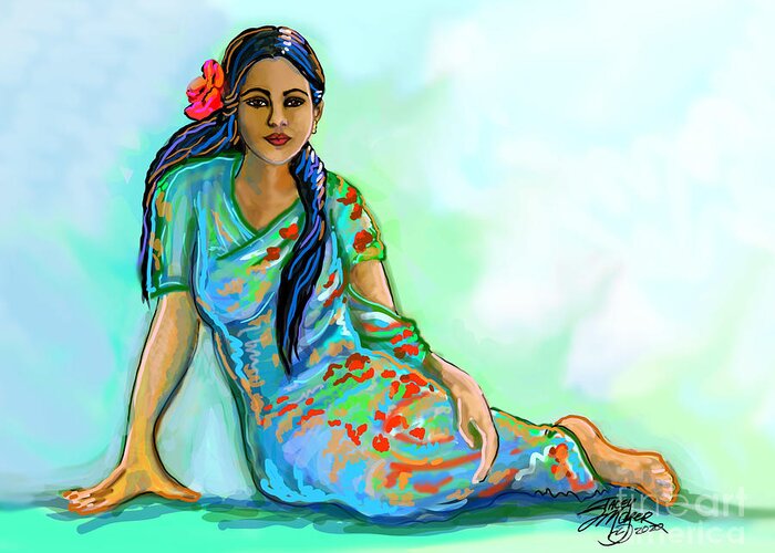 Indian Woman With Sari Greeting Card featuring the digital art Indian Woman With Flower by Stacey Mayer