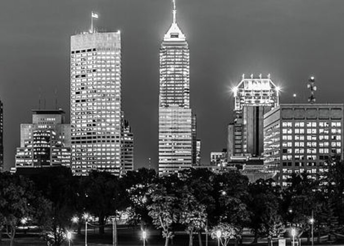 2013 Greeting Card featuring the photograph Indianapolis Skyline at Night Black and White Panoramic Photo #1 by Paul Velgos