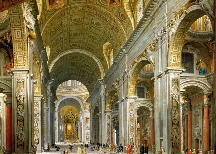 Giovanni Paolo Panini Greeting Card featuring the painting Interior of St Peter's by Giovanni Paolo Panini by Mango Art