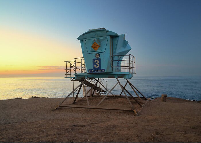Beach Greeting Card featuring the photograph Lifeguard Tower at Sunrise #1 by Matthew DeGrushe