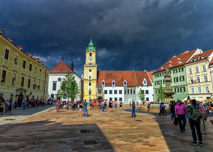 Slovakia Greeting Card featuring the photograph Main square in the old town of Bratislava, Slovakia #1 by Elenarts - Elena Duvernay photo