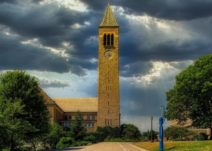 Cornell University Greeting Card featuring the photograph Mc Graw Tower and Iris Library - Cornell University #1 by Mountain Dreams