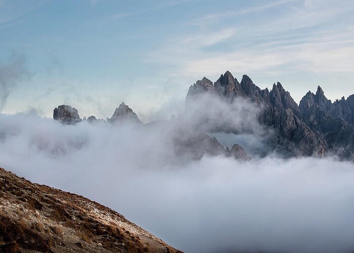 Italian Alps Greeting Card featuring the photograph Mountain landscape with fog in autumn. Tre Cime dolomiti Italy. by Michalakis Ppalis